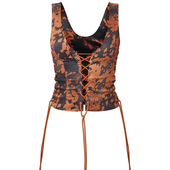 PrettyLittleThing Tops - PrettyLittleThing Brown Black Cow Print Woven Scoop Neck Lace Up Cropped Top 12
